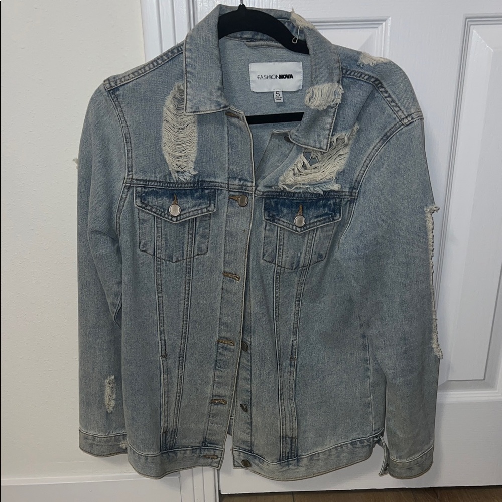 Fashion Nova Light Blue Ripped Denim Jacket Size S